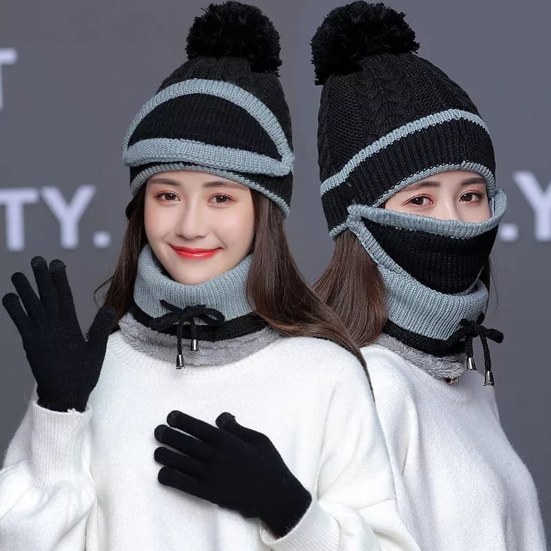 Women Winter Warm Cap Beanie with Neck Scarf and Woolen Mask