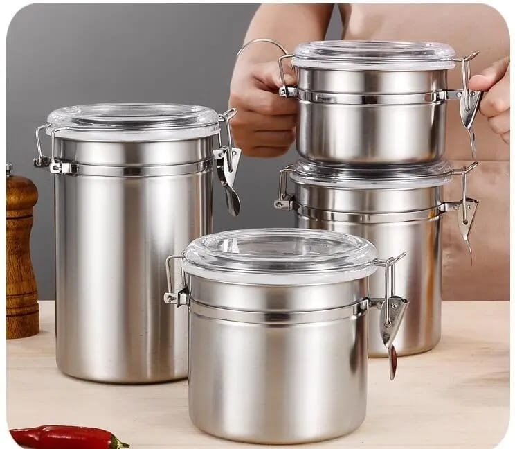 4 pcs Airtight Stainless Steel Jar Canister Coffee Flour Sugar Tea Container Holder