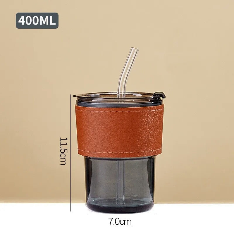 400ML Creative Amber Straw Glass Large-Capacity Coffee Cup Water Bottle