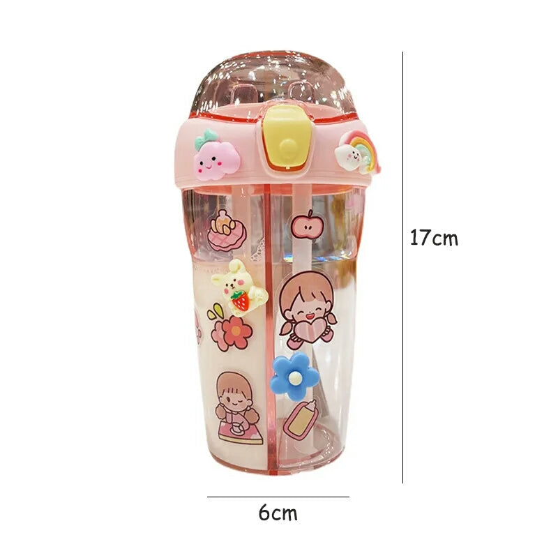 430ml Cute Children Double Drinking Water Bottle Straw Portable