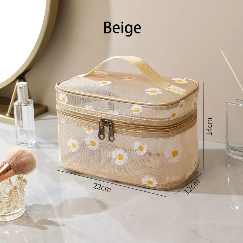 2 pcs Set Large capacity portable storage bag, daisy mesh gauze, transparent makeup bag