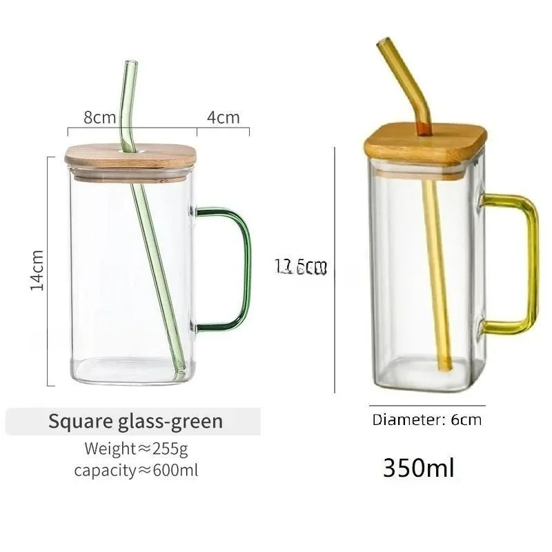 400ml square glass with straw wooden lid microwave safe glass meterail no colour only transparent