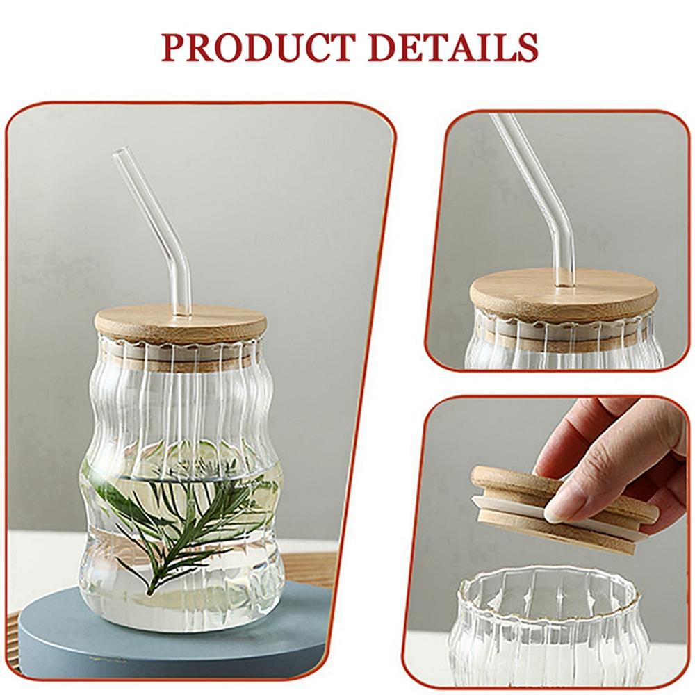 Creative Glass Cup with Lid and Straw Coffee Milk Juice Mug 400ml